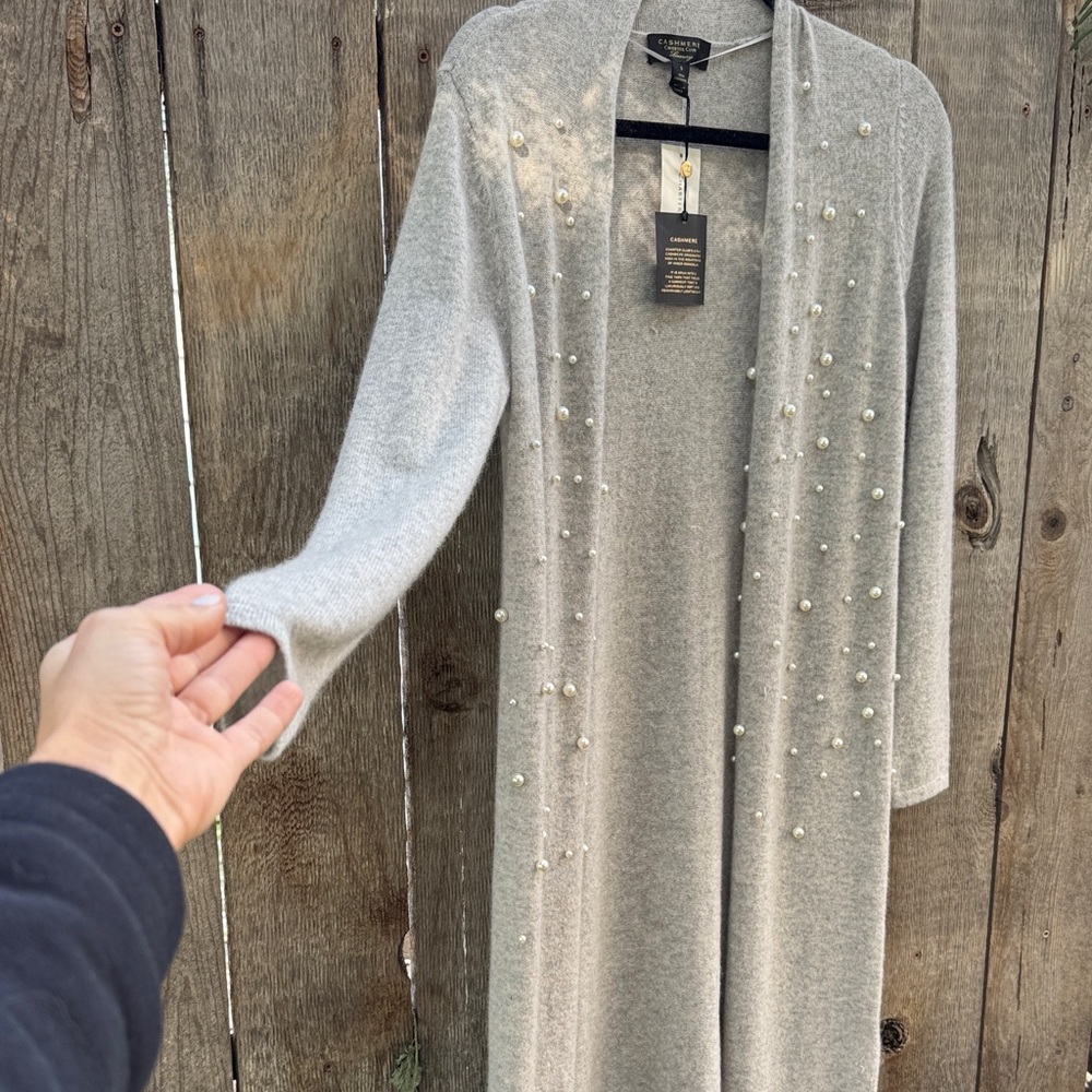 Charter Club Light Gray Pearl-Embellished Cardigan